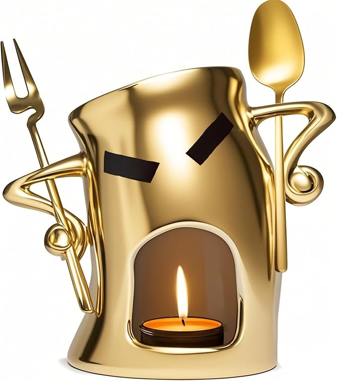 Mini Ceramic Fondue Set: Chocolate Fondue Melting Cup, Cheese Fondue Pot, Candy Mini Fondue Cups with 1 Fork & 1 Scoop - Food-Safe Gift for Parties, Gifts, Cozy Nights (Gold, 5.5 inches)