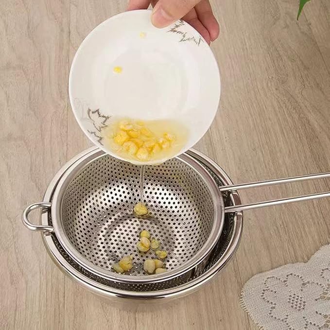 Stainless Steel Colander Fine Mesh Colander with Long Handle Micro-Perforated Colander Metal Strainer Kitchen Food Strainer for Fried Food Vegetable Fruit