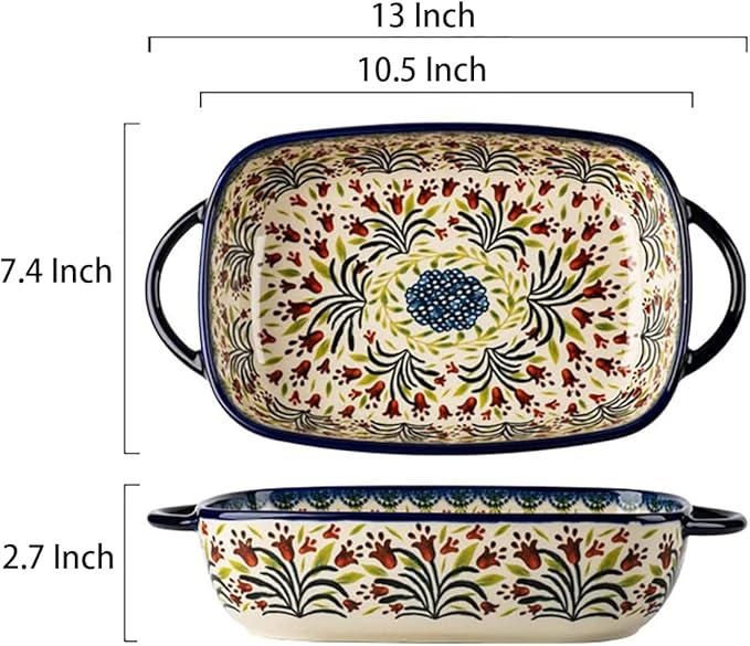 Vintage Style Tulip Flower Pattern Ceramic Bakeware Casserole Dish Baking Pan Lasagna Pans Baking Dish with Handles for Oven/Cooking/Kitchen-1 PCS-60 OZ