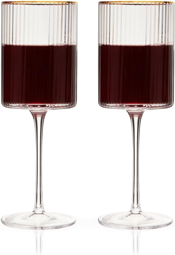 Viski Meridian Wine Glasses with Gold Rim, Crystal Drinking Glasses for Red and White Wines, Elegant Stemmed Glassware for Wedding Gifts, Birthday, Holiday, Dinner Party, Wine Lovers, 16 oz, Set of 2