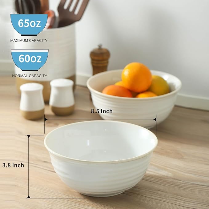 HASENSE Ceramic Serving Bowls, 8.3 Inch Large Soup Bowls for Kitchen, 60 Ounces Salad Bowls for Fruit, Ramen, Pasta, Pho, Microwave Dishwasher Safe, Set of 2, Clay-Infused White