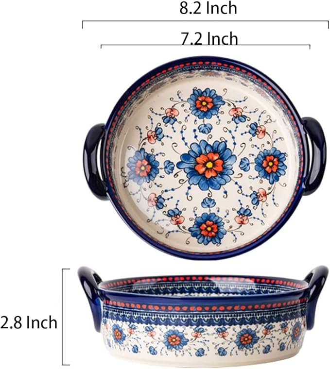 Blue and Orange Flower Vintage Style Ceramic Bakeware Casserole Lasagna Pans Baking Dish with Handles for Oven/Cooking/Kitchen-1 PCS-32 OZ