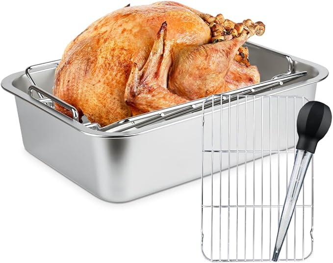 Turkey Roaster Roasting V Rack,15.6*11.6*4 inch Stainless Steel Roasting Pan with 2 Rack(Flat Rack and Rib Rack) for Smoker Smoking/Dual Purpose for Large Big Green Egg and Kamado Joe Etc