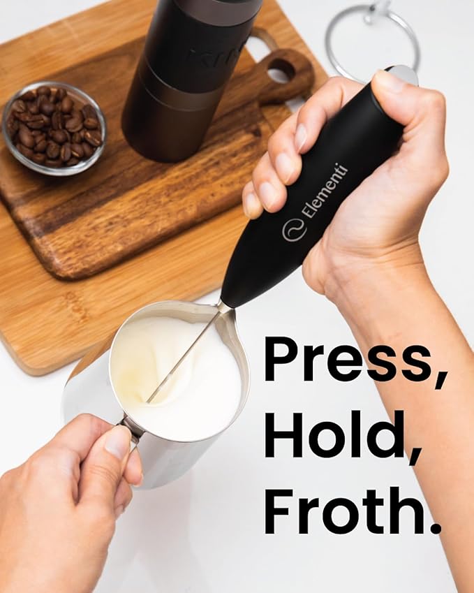 Elementi Milk Frother Handheld - Electric Coffee Mixer for Lattes, Cappuccinos and Cold Foam - Compact Drink Frother Wand for Barista-Style Beverages (Yellow)