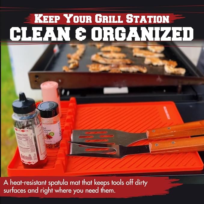 Kitchen Perfection Silicone Grill Mat for Blackstone Griddle Accessories - Silicone Tools & Spatulas Mat with Drip Pad - Keeps Your Griddle Clean and Your Utensils Organized - Great BBQ Gift