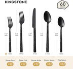 KINGSTONE 60 Pcs Black Hammered Silverware Set for 12, 18/10 Stainless Steel Heavy Duty Flatware Set, Tableware Cutlery Utensil Sets for Home Restaurant Dishwasher Safe
