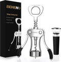 Beneno Wine Opener with Silicone Leak Proof Wine Vacuum Stopper, Zinc Alloy Premium Wing Corkscrew with Multifunctional Bottles Opener, Matte Black