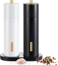 Wooden Salt and Pepper Grinder Set Manual Salt and Pepper Mill with Tray Adjustable Coarseness Refillable Wood Grinders with Gold Bottle Label for Kitchen (Black,White,8 Inch)