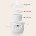 TAYAMA 1 Qt. White Mini Ceramic Stew Cooker with Pre-Settings and Built-In Timer, Small