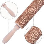 Embossed Wooden Rolling Pin Darker 3D Flower Rattan 36cm Rolling Pin for Baking Biscuits DIY Kitchen Tool Baking Accessories Homemade Bakery Pastry Cookie Fondant Dough Pizza