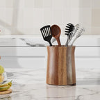 Utensil Holder, Acacia Wood Utensil Holder for Kitchen Counter, 360° Rotating Cooking Utensil Crocks for Countertop, 7.2" Large Utensil Organizer for Spatula Storage