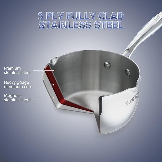 SLOTTET Tri-Ply Full Body Stainless Steel Sauce Pan with Steamer,1.5 Quart Small Multipurpose Pasta Pot with Strainer Glass Lid, Saucepan with Pour Spout for Cooking Stay-cool Handle.