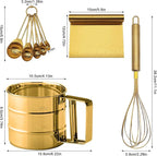 Gold Flour Sifter Baking Tool Set, findTop Stainless Steel 4-Piece Kit with 10" Whisk, Dough Scraper & 5 Measuring Spoons, Mirror Polished, Easy to Clean, for Cake Bread Cookie Prep