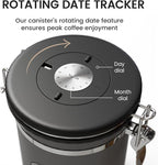 Veken Large Coffee Canister with Window, Kitchen Food Storage Airtight Stainless Steel Container for 2.2lbs Coffee Beans, Grounds, Rice,Tea, Flour, Cereal, Sugar Jars,Date Tracker and Scoop 39oz,Black