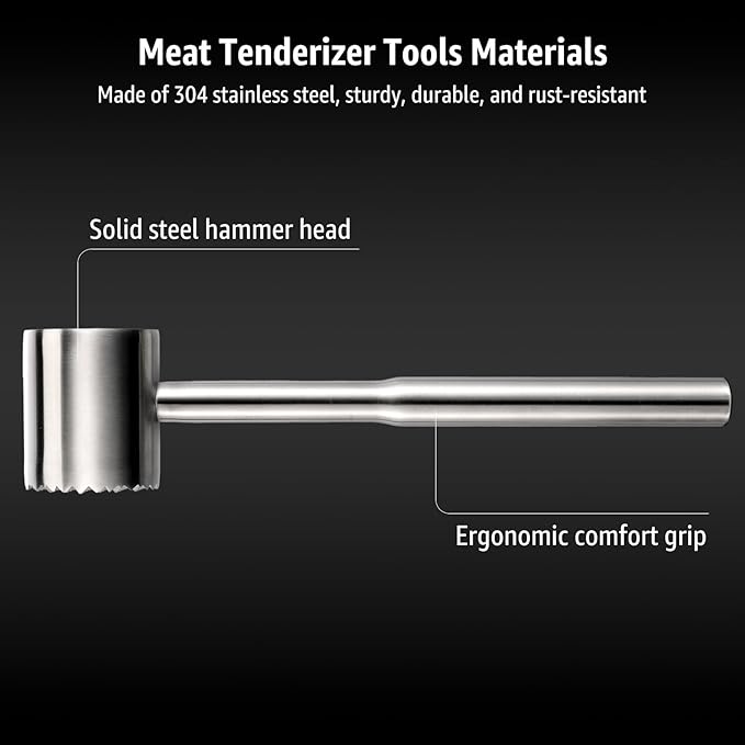Stainless-Steel Meat Tenderizer Mallet - Meat Tenderizer Tool for Pounder Chicken, Beef, Steak, Pork, Dual-Sided with Ergonomic Handle, Dishwasher Safe
