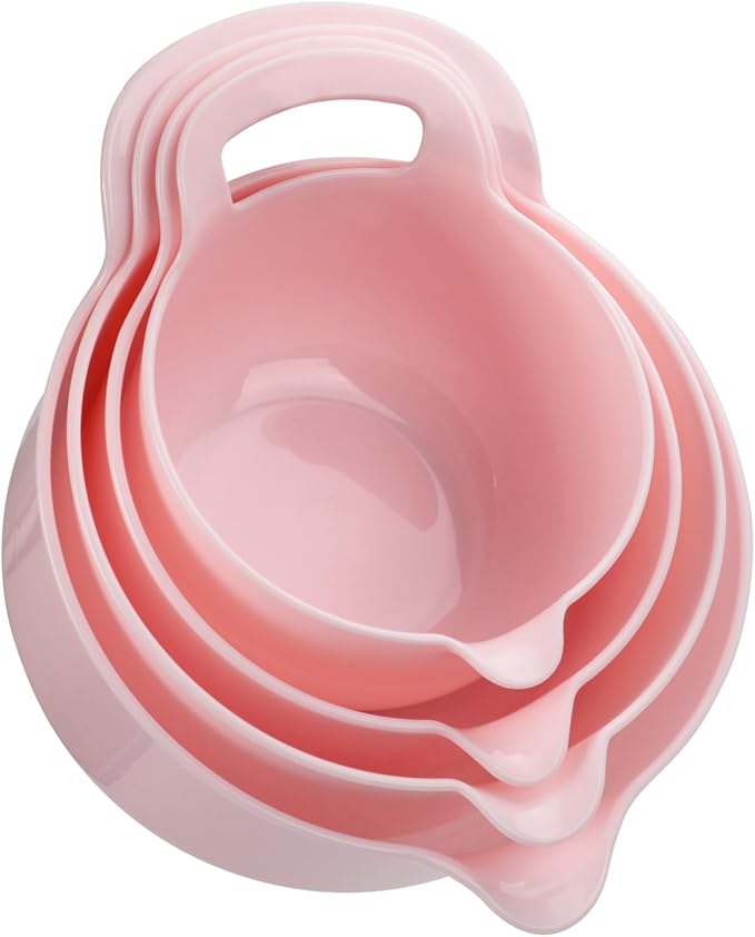 BoxedHome 4 Pack Nesting Mixing Bowl with Pour Spout and Handle, BPA free Microwave & Dishwasher Safe(Pink, 4 Pack with Handle)