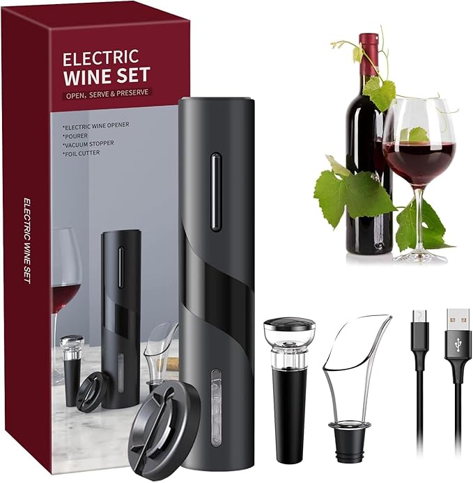 Electric Corkscrew Set with Battery, Drip-free Pourer, Wine Vacuum Stopper, and Foil Cutter, Gift Set, Black (SET USB)