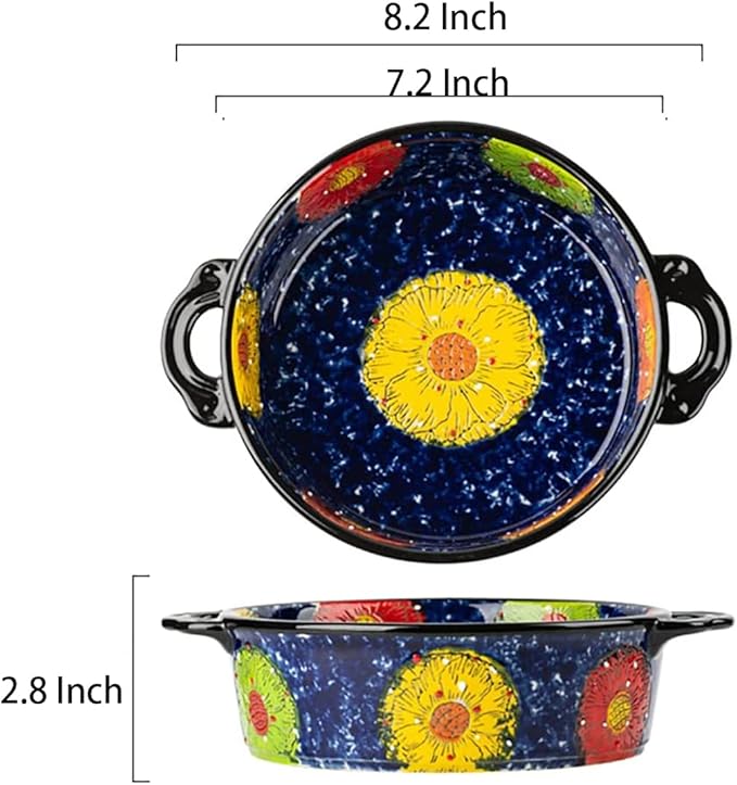 Vintage Style Pottery Bakeware Colorful Daisy Pattern Ceramic Casserole Dish Baking Pan Lasagna Pans Baking Dish with Handles from Oven to Table Plate-1 PCS, 32 OZ