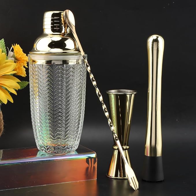 Glass Cocktail Shaker Set, Glass Bartender Kit with Measuring Jigger, Mixing Spoon, and Muddle, Premium Bar Tool Set for Crafting Martinis & Whiskey Cocktails Home Bar Accessories