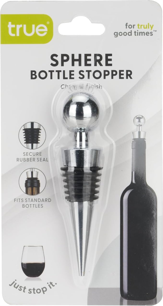 True Sphere Reusable Wine Stopper, Zinc Alloy with Chrome Finish Bottle Stoppers for Wines, Home Bar Accessories, Restaurants, Bars, Travel, Set of 1