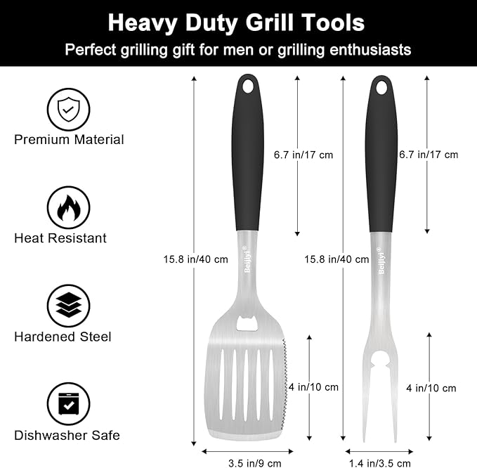 Beijiyi 2-Piece Heavy Duty BBQ Grill Tools Set, Professional Stainless Steel Grilling Spatula & Fork with Full Tang Silicone Handle, Outdoor Grill Accessories for Barbecue Cooking