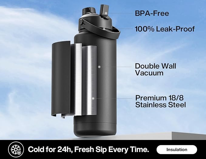 POWCAN 40 oz Insulated Water Bottle with 2-in-1 Straw and Spout Lid, Keep Cold 24H, Leak-Proof, BPA-Free, Double Wall Stainless Steel Water Bottle for Sports, Gym, Travel, and School (Dark Knight)