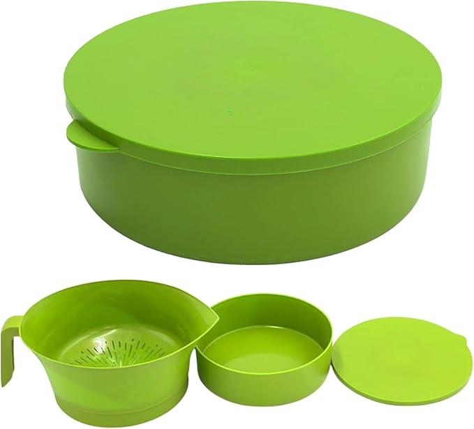 3-Piece Colander Grease Strainer Set – Green Grease Separator with Handle, Container & Lid – Strains Bacon, Pasta, Ground Beef – BPA-Free Kitchen Gadget