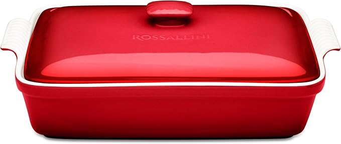 ROSSALLINI Stoneware Casserole Dish Bakeware Set with Lid, Covered Rectangular Dinnerware, Large 3.2 Quart, 11 by 9 Inch [Deep Red]