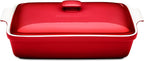 ROSSALLINI Stoneware Casserole Dish Bakeware Set with Lid, Covered Rectangular Dinnerware, Large 3.2 Quart, 11 by 9 Inch [Deep Red]