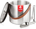Bakpoco 4L Ice Bucket with Lid, Scoop,Tongs & Strainer, Stainless Steel Double Wall Insulated Ice Buckets for Parties & Cocktail Bar, Large Outdoor Champagne Ice Container, Light Brown Handle