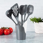 Hutzler 6-piece Melamine Cooking Utensils Set, Includes a 12-inch Long Slotted Spoon, Solid Spoon, Mixing Spoon, Slotted Turner, Soup Ladle, and Storage Crock, Gray
