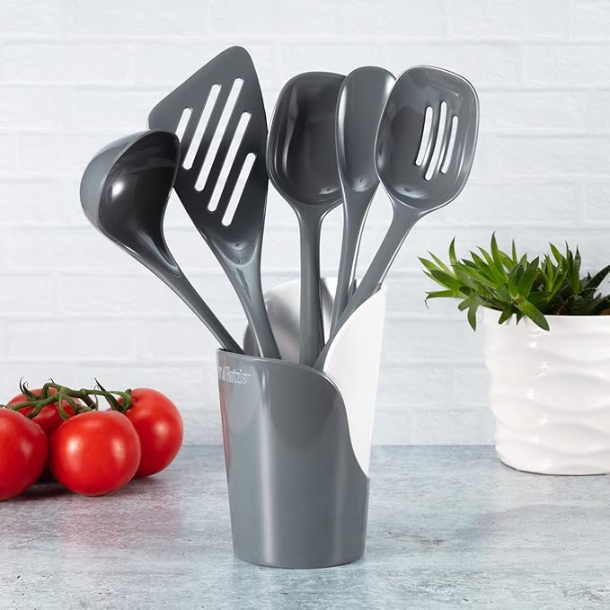 Hutzler 6-piece Melamine Cooking Utensils Set, Includes a 12-inch Long Slotted Spoon, Solid Spoon, Mixing Spoon, Slotted Turner, Soup Ladle, and Storage Crock, Gray