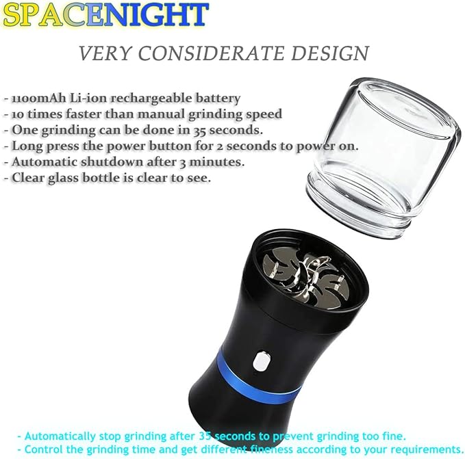 Spacenight Electric Herb Grinder COMPACT for Flower Buds, USB-Rechargeable, 2pcs 1.7oz Glass Herb Chamber - Ideal for Everyday Carry