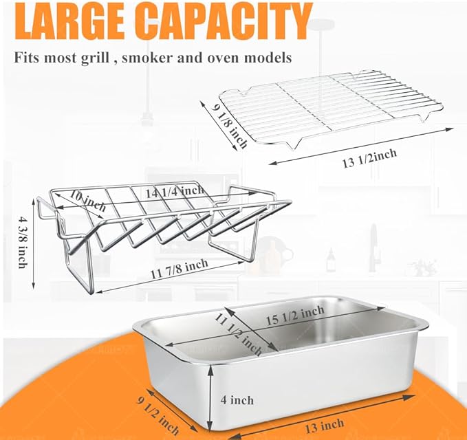 Turkey Roaster Roasting V Rack,15.6*11.6*4 inch Stainless Steel Roasting Pan with 2 Rack(Flat Rack and Rib Rack) for Smoker Smoking/Dual Purpose for Large Big Green Egg and Kamado Joe Etc