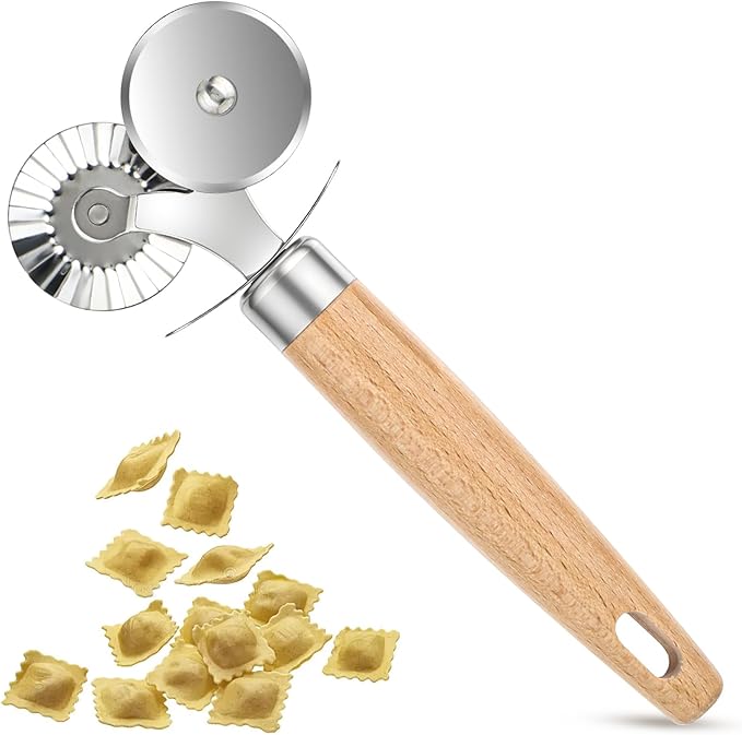 Pastry Cutter Double Wheel, Pastry and Pasta Cutter Wheel with Exquisite Wooden Handle Dual-Head Baking Tool for Home and Kitchen for Pasta Pizza Ravioli Cookie