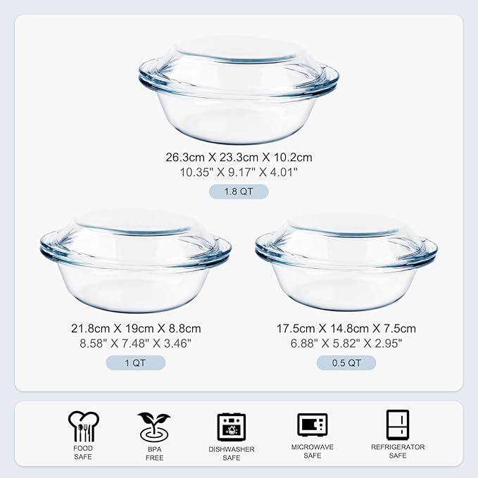 Set of 6 Round Glass Casserole Dishes, Nesting Glass Baking Dish Set with Lid, Oven, Freezer and Dishwasher Safe. - 0.5QT+1QT+1.8QT
