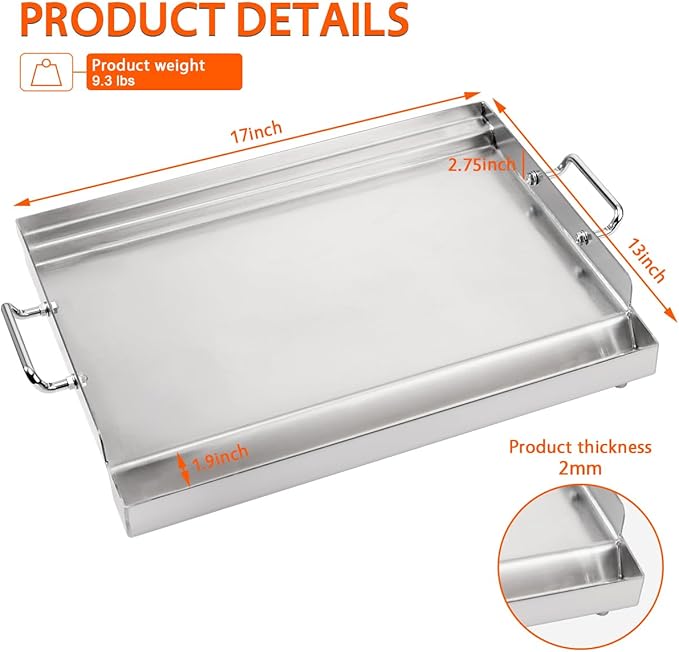 LotFun 17" x 13" Stainless Steel Cooking Griddle for Outdoor Gas Grill, Universal Griddle Flat Top Plate Insert with Grease Groove and Removable Handles for Electric/Charcoal/Gas Grill, Camping,Party