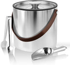 3L Large Ice Bucket with Lid, Scoop, Ice Tong, Strainer & Leather Handle Keep Ice Frozen Longer Large Wine Ice Buckets for Parties,Cocktail Bar, Chilling Beer Champagne, Dark Brown Handle 3L