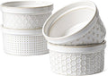 LE TAUCI Ramekins 12 oz, Ramiken for Creme Brulee, Souffle, Dipping Sauce, Ceramic Embossment Housewaming Present -4.8 inch, Set of 4, Arctic White
