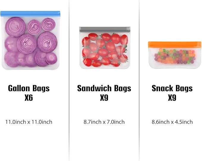 Lerine 6 Pack Reusable Gallon Freezer Bags Dishwasher Safe, BPA Free Reusable Freezer Bags 1 Gallon, Extra Thick Leakproof Food Storage Bags for Marinate Meats, Veggies,Fruits (Multicolor, 6Gallon)
