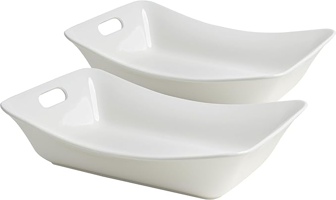 LEHAHA Large Serving Bowls with Handles, Set of 2 White Porcelain Bowl Set, Durable Ceramic Salad Bowls, 2 Quarts Rectangular Serving Platter for Turkey, Fruit Salad Serving Dishes for Entertaining