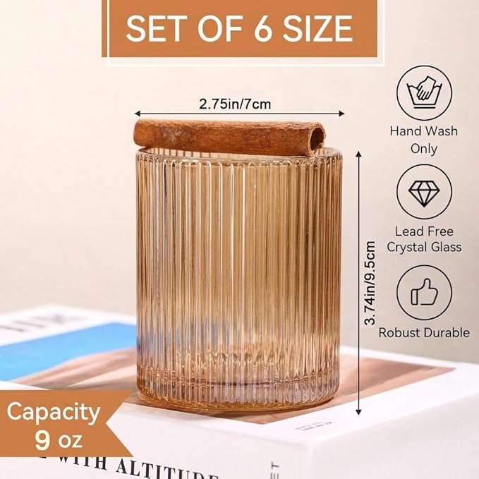 Physkoa Brown Ribbed Drinking Glasses Set of 6 – 9oz Vintage Amber Brown Glassware, Embossed Ribbed Tumbler Cups for Whiskey, Juice, Water, Cocktail