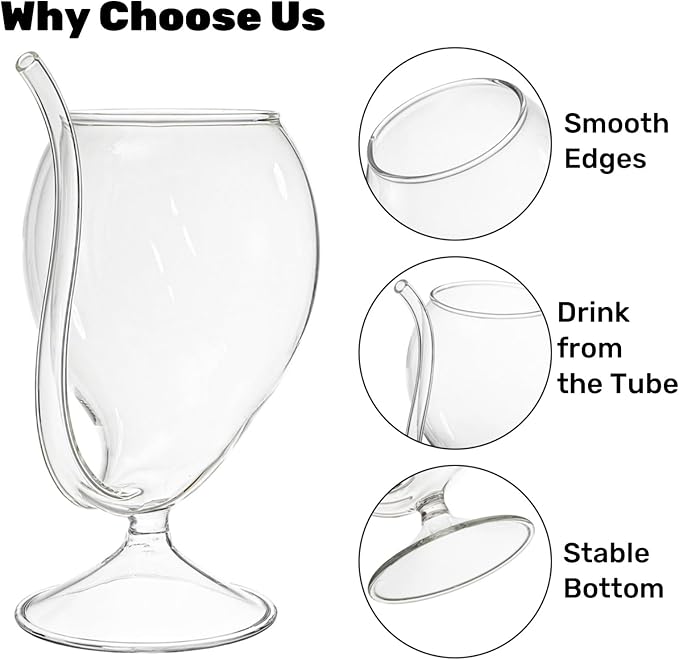 Tlence 4 Pack Straw Wine Glass, 12 OZ Sipping Wine Glasses with Built-in Straw, Creative Tube Cocktail Goblets, Clear Funny Decanter Cups for Juice Ice Cream Champagne Party Glassware Barware