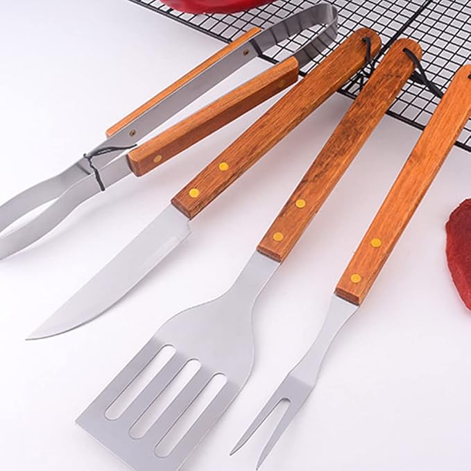 1set Barbecue Tools Wood Handles Portable Grilling Utensil for Outdoor Cooking Camping and BBQ Gatherings