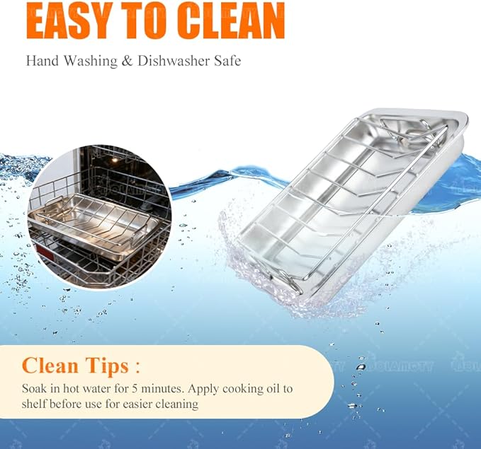 Stainless Steel Turkey Baking Roaster Pan Roasting Pan with V Rack, for Smoking and Grilling Chicken, Bird, and Pork Cooking Rack with 15.5*11.6*2 inch Roasting Pan for Smokers, Grill and Oven