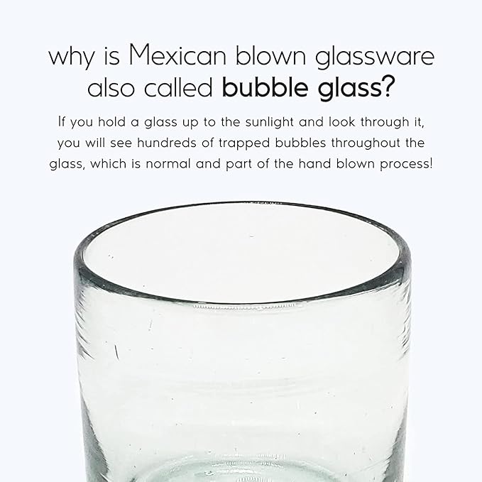 Clear 14 oz Drinking Glasses (Set of 6) - Hand Blown Mexican Glassware Recycled Glass Drinking Glasses for Water, Juice, Margarita, Cocktails & Whiskey, Lead-Free Toxin Free