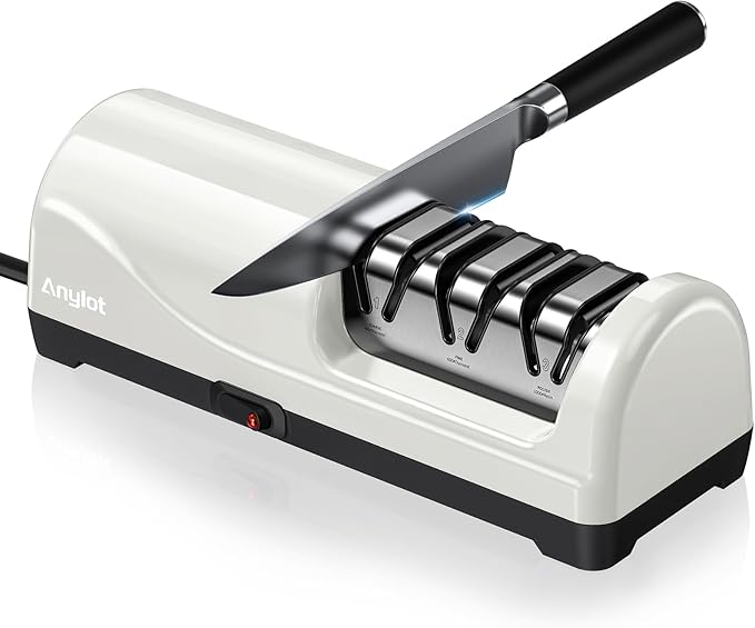 Kitchen Electric Knife Sharpener, 3-Stage Diamond Knife Sharpener Electric with 20° Precision Angle Guide, Fast & Safe Sharpening for Kitchen Knives, Home Use & Beginners (White)