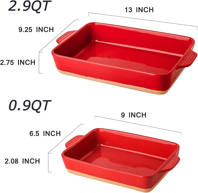 Ceramic Baking Casserole Dish with Handles, Large 9x13 inch Pan and Middle Baking Pan - Porcelain Serving Bakeware Set (Vintage Red)