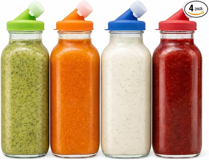 kitchentoolz Salad Dressing Container Glass Bottles – 16oz Glass Salad Dressing Shaker Bottle 4-Pack with Non-Metal Silicone Lids for Dressings, Marinades, Sauce
