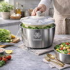 Stainless Steel Salad Spinner, 6L Heavy-Duty Lettuce Dryer with Smooth Spin Handle, Large Vegetable Washer & Fruit Rinse Bowl, Non-Slip Base